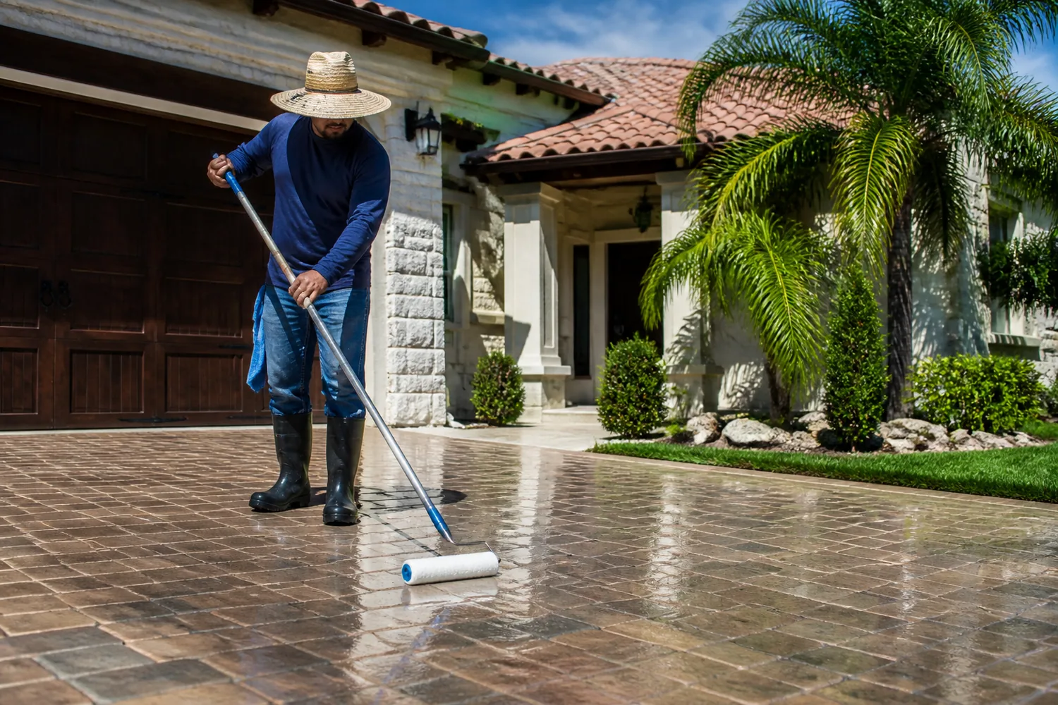 Concrete and paver sealing service on a residential driveway in La Vernia TX