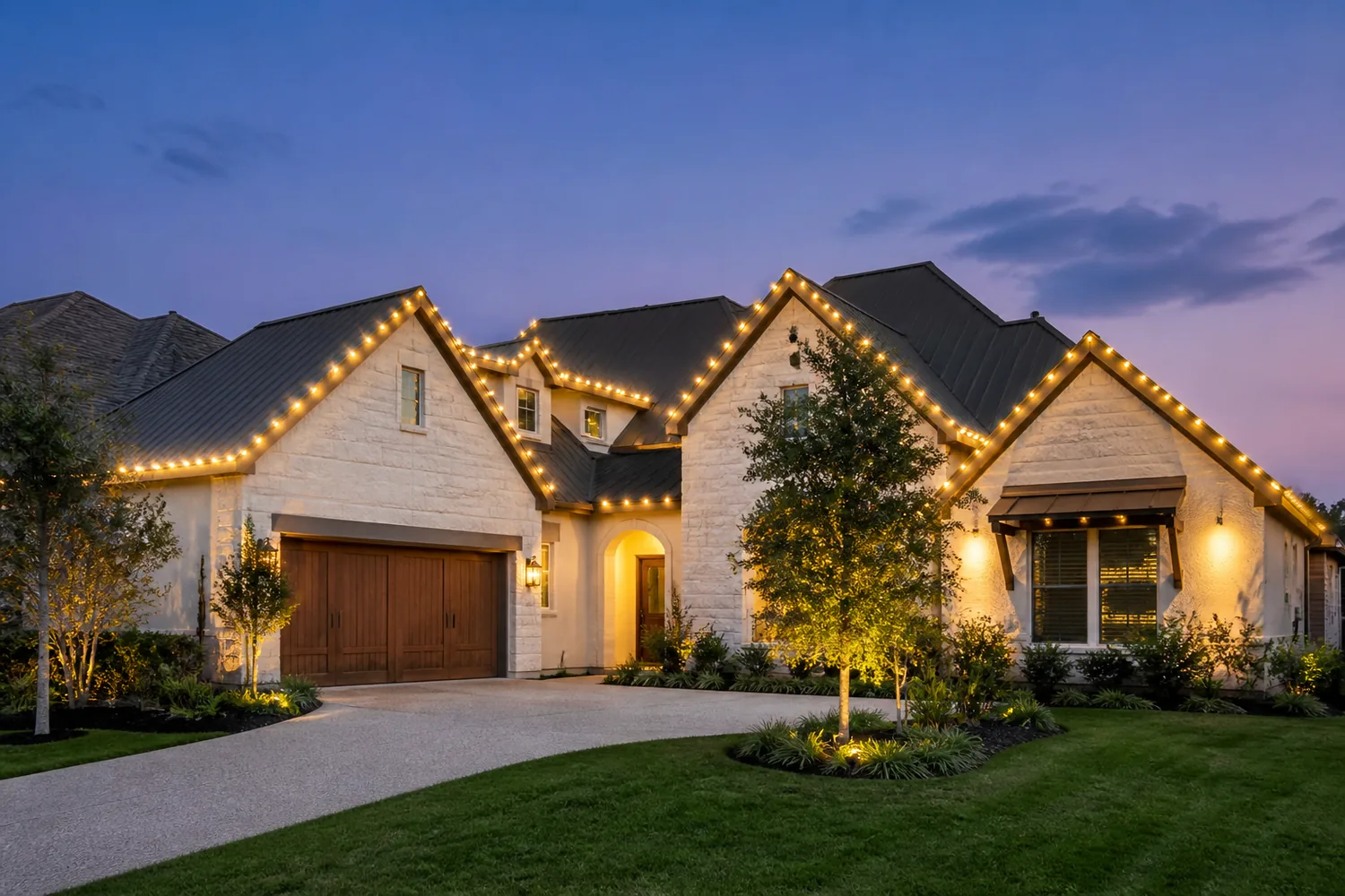 Permanent holiday lighting installation on a residential roofline in La Vernia TX