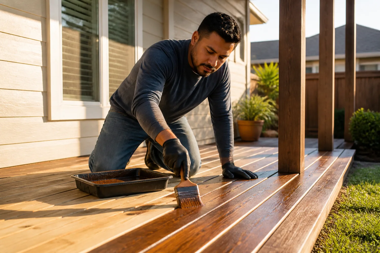 Professional wood staining service on a residential deck in La Vernia TX